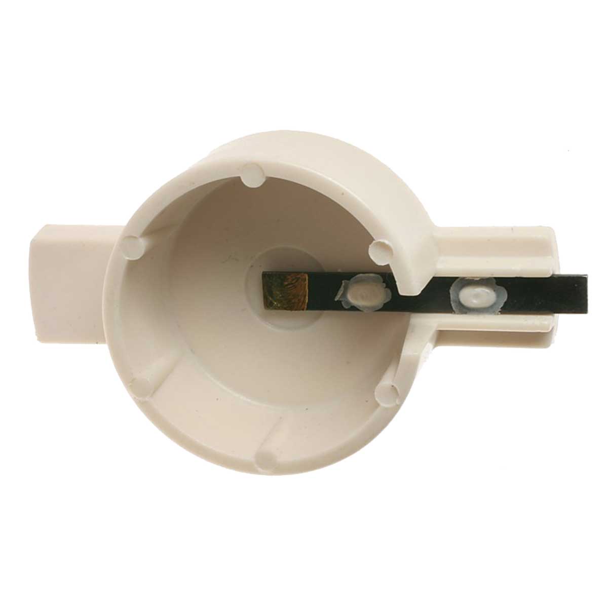 Top view of the NAPA Echlin Distributor Rotor - RR250 by NAPA, a white plastic circular knob with a black metal strip and small brass component inside, designed to meet OEM specs for appliances or electronic devices.