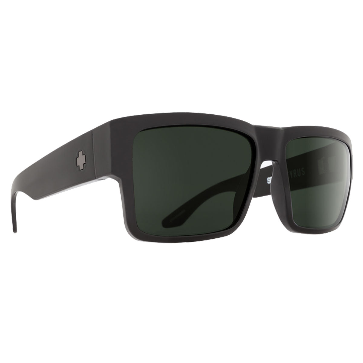 Spy Cyrus sunglasses by Spy feature a bold black rectangular frame with thick temples, dark Happy Grey Green lenses, and a small cross logo. Enjoy superior UV protection and standout style with every wear.