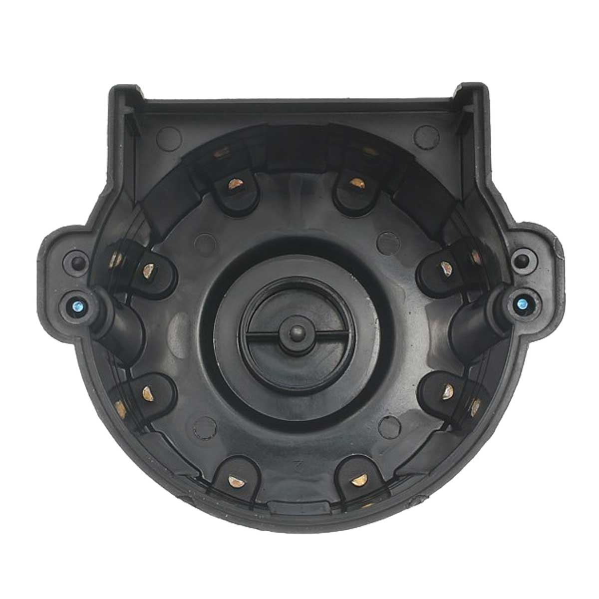 The NAPA Echlin Cap - RR249 by NAPA is a black plastic distributor cap featuring multiple circular contact points and internal metal connectors, designed to meet original equipment specifications for reliable ignition system performance.