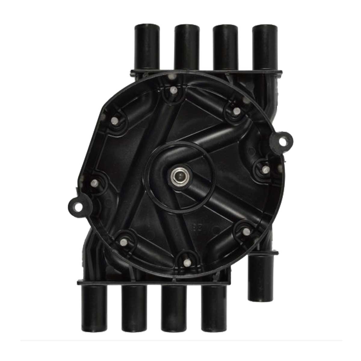 Top-down view of a NAPA Cap Flat - RR207 distributor cap and rotor by NAPA with six connectors on top and three at the bottom, perfect for engine tune-ups, shown against a plain white background.
