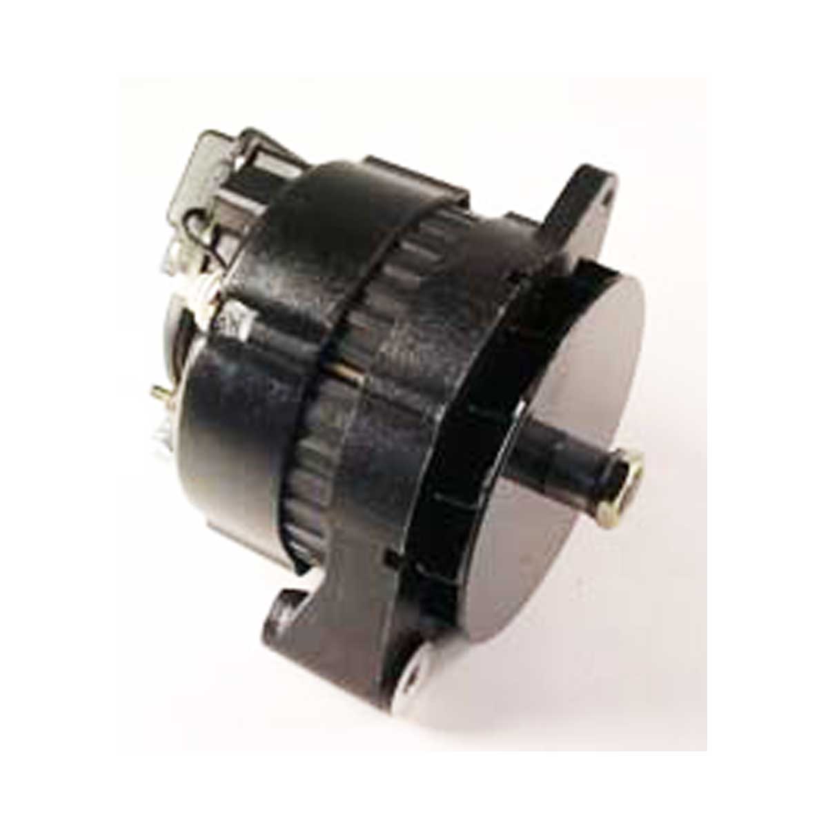 The Indmar Alternator 55 Amp - 755024 by Indmar features a black cylindrical body and front mounting bracket, shown isolated on a white background.
