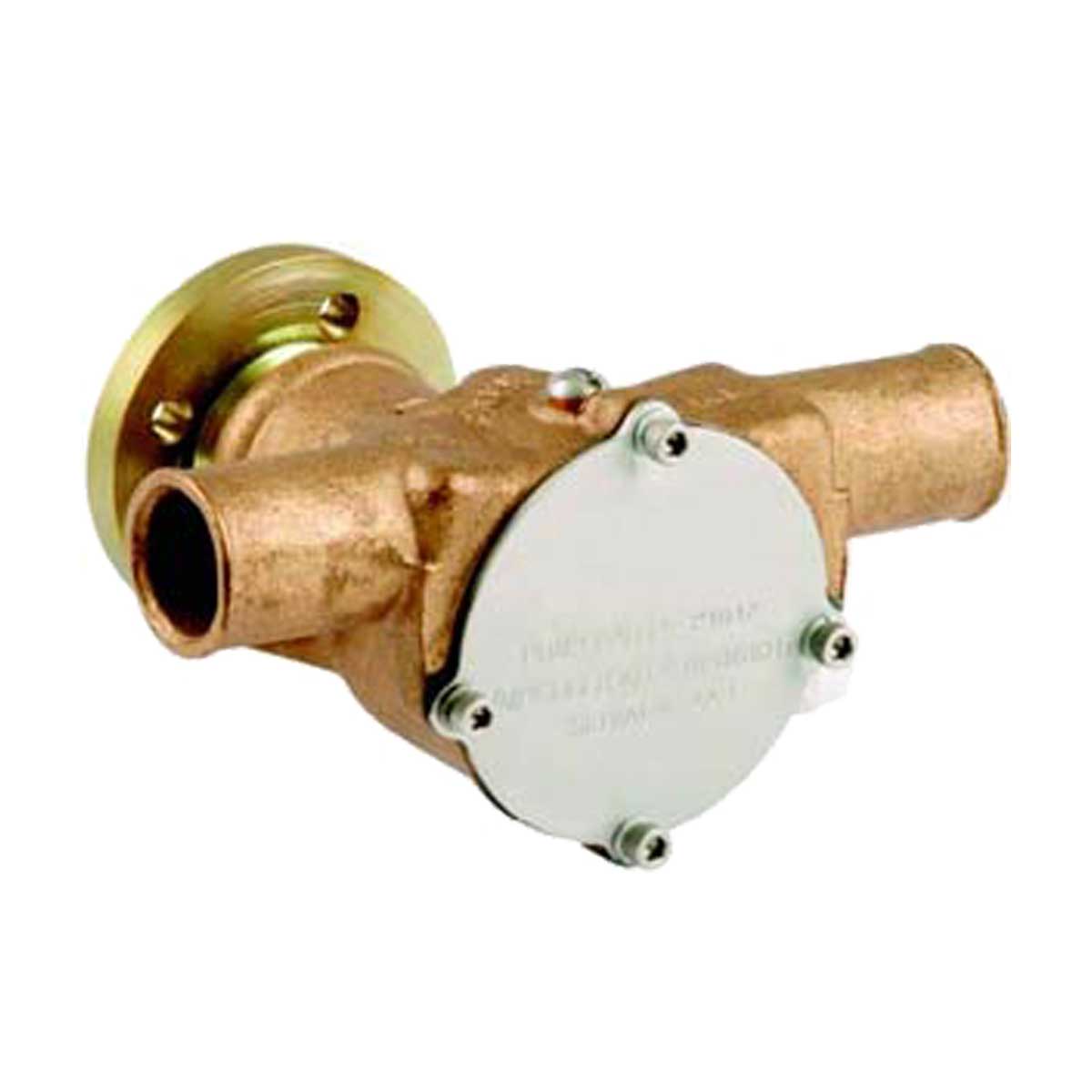 The Indmar Raw Water Pump / Belt Driven - RA057031 by Indmar features two cylindrical inlet/outlet pipes, a round mounting flange, and a silver circular cover plate secured with six bolts.