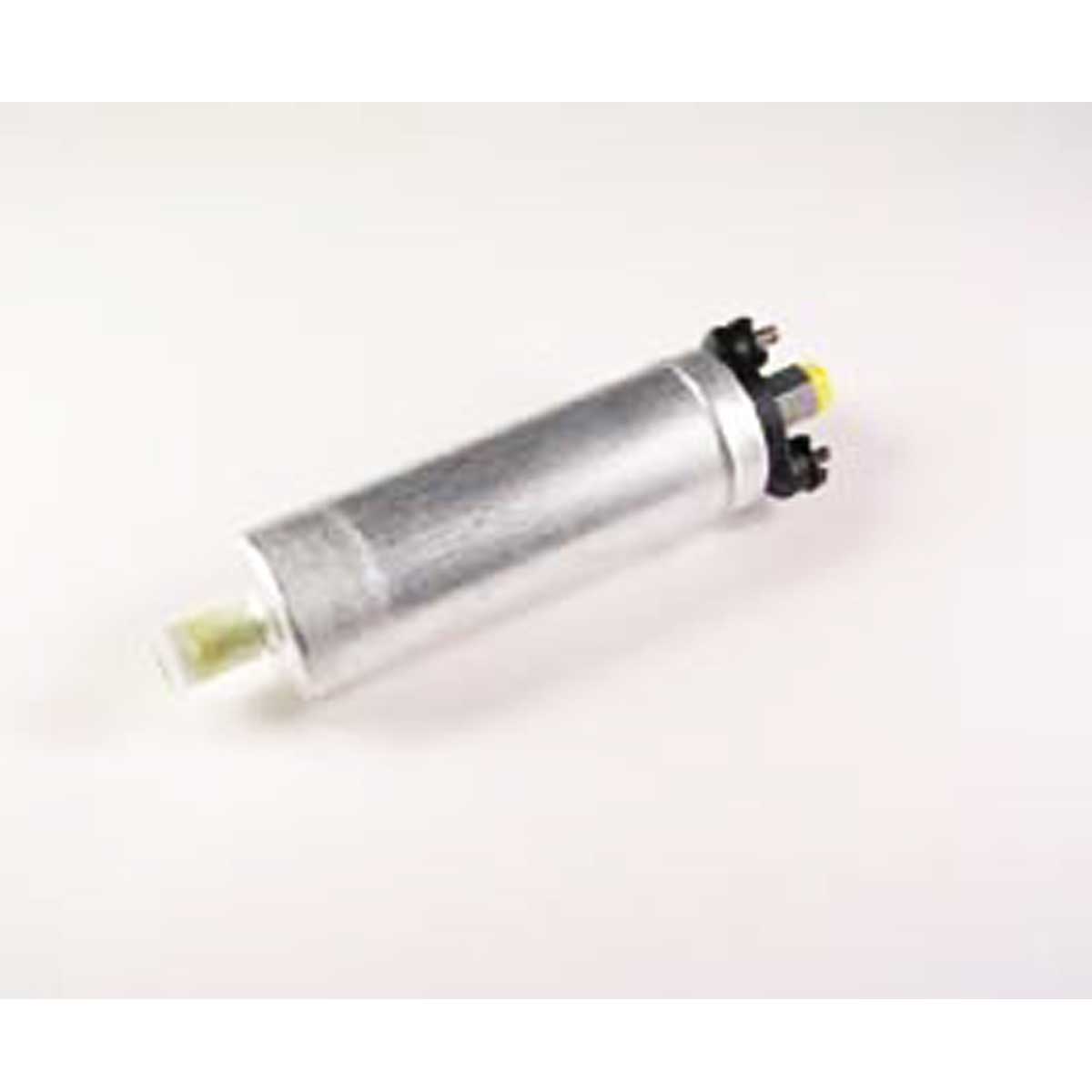 An Indmar Fuel Pump High Pressure - 556184, with a metallic cylindrical design, electrical connectors, and a yellow inlet filter, is shown against a plain white background.