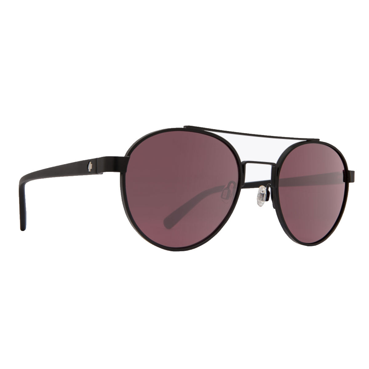 The Spy Deco - Matte Black / Happy Rose sunglasses by Spy feature handmade acetate frames in black, a double bridge design, dark purple-tinted lenses with UV protection, and straight temples with slightly curved ends for a secure fit.