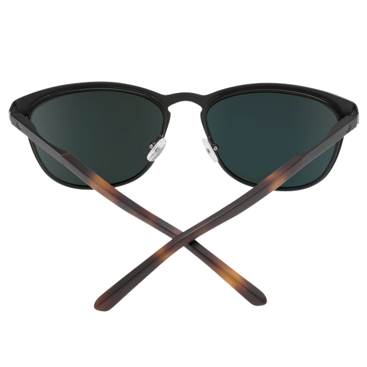 A pair of Spy Cliffside sunglasses in matte black with dark Happy Gray Green lenses is shown from the back, featuring honey tortoiseshell arms crossed over each other—crafted from exquisite handmade acetate.
