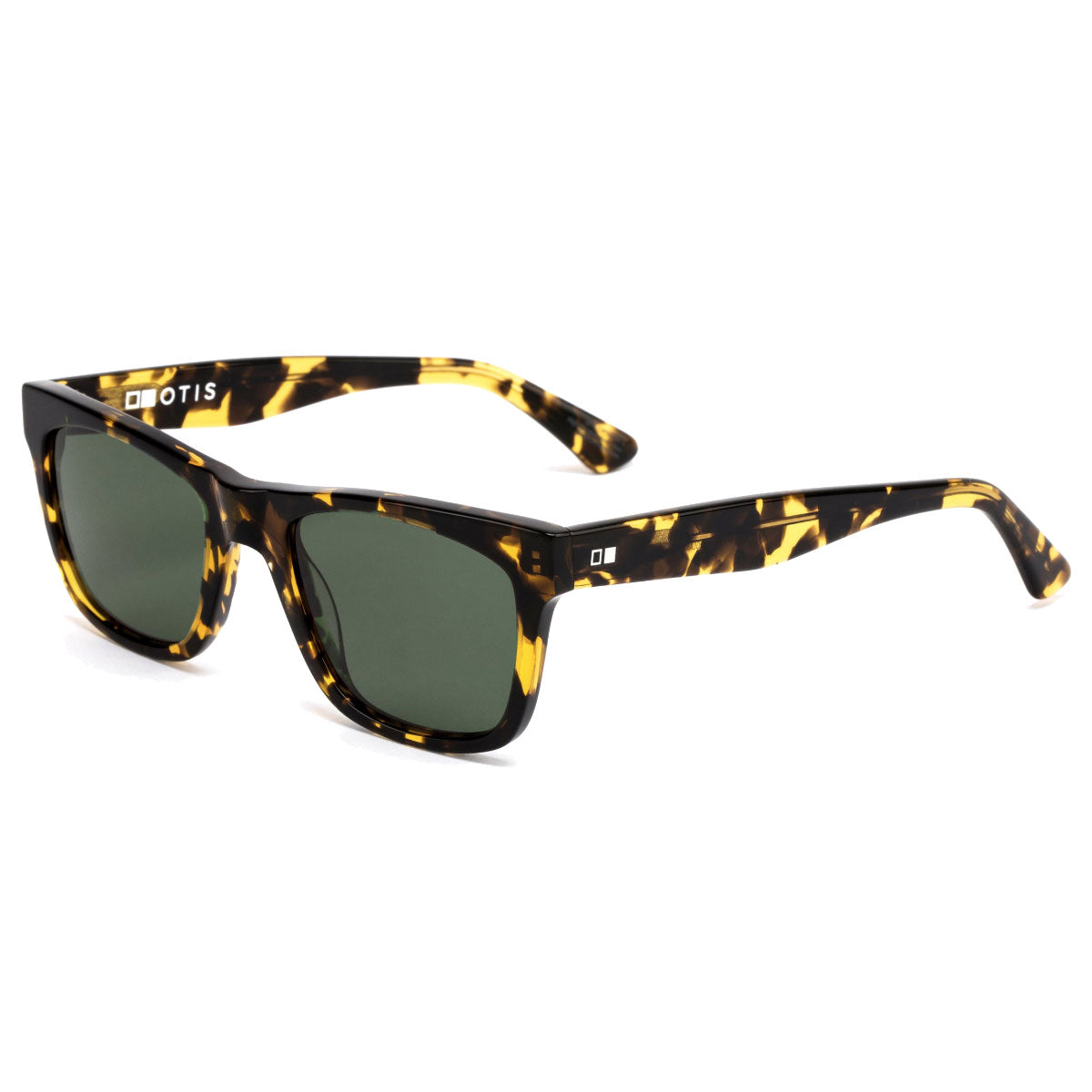 The Otis Hawton sunglasses in Dark Tort/Green Polar feature square acetate frames with thick tortoiseshell-pattern and rectangular green polarized lenses, offering 100% UV protection, displayed at an angle on a white background.