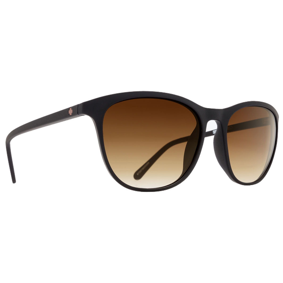 The Spy Cameo - Femme Fatale / Happy Bronze Fade by Spy are black polarized sunglasses with rounded lenses featuring a brown gradient tint and UV protection, shown from a side angle.