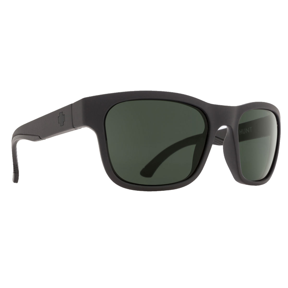 Spy Hunt sunglasses by Spy in matte black feature HD Plus gray green, impact-resistant rectangular lenses, a subtle cross logo on the temple, and slightly curved arms.
