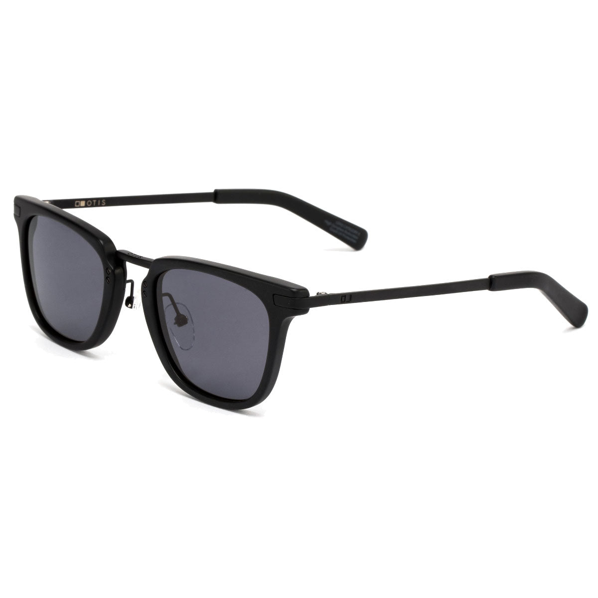 The Otis the Talk - Matte Black/Grey Polar sunglasses by Otis feature a black rectangular acetate and metal frame with thin black arms, mineral glass lenses, and UV protection—shown on a white background.