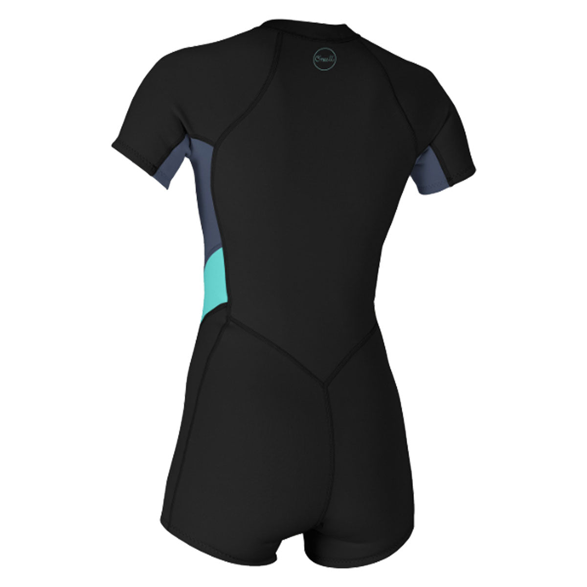 A women's black and turquoise O'Neill Women's Bahia 2/1 S/S Front Zip Spring Suit, perfect for the performance-driven athlete.