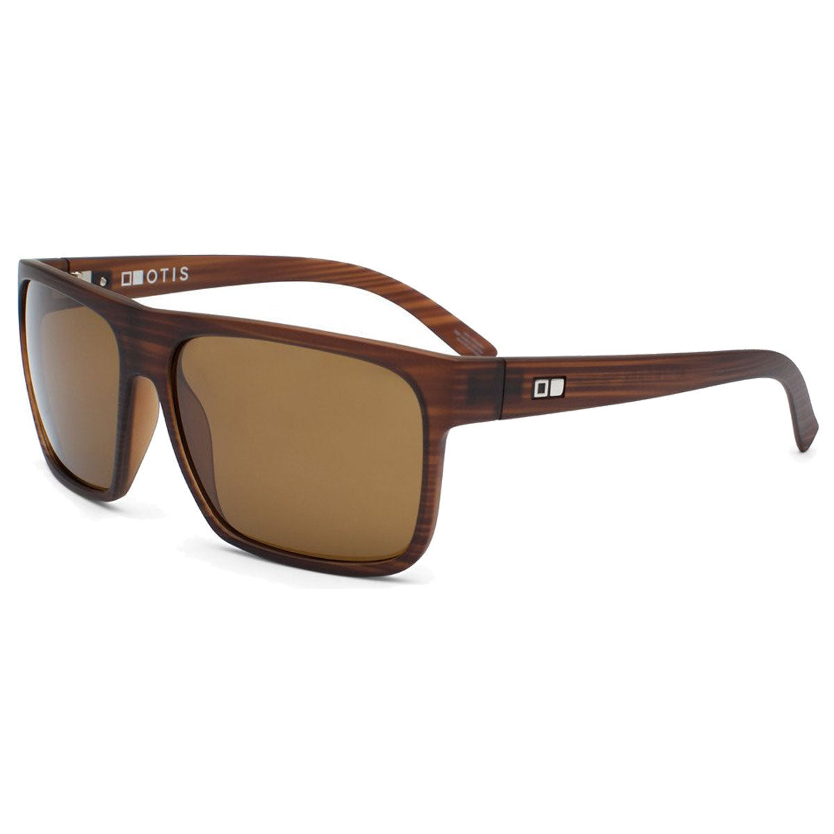 The Otis After Dark - Woodland Matte/Brown sunglasses feature rectangular mineral glass frames with a woodgrain texture, brown-tinted lenses, white OTIS branding on the side, and provide full UVA/UVB protection.
