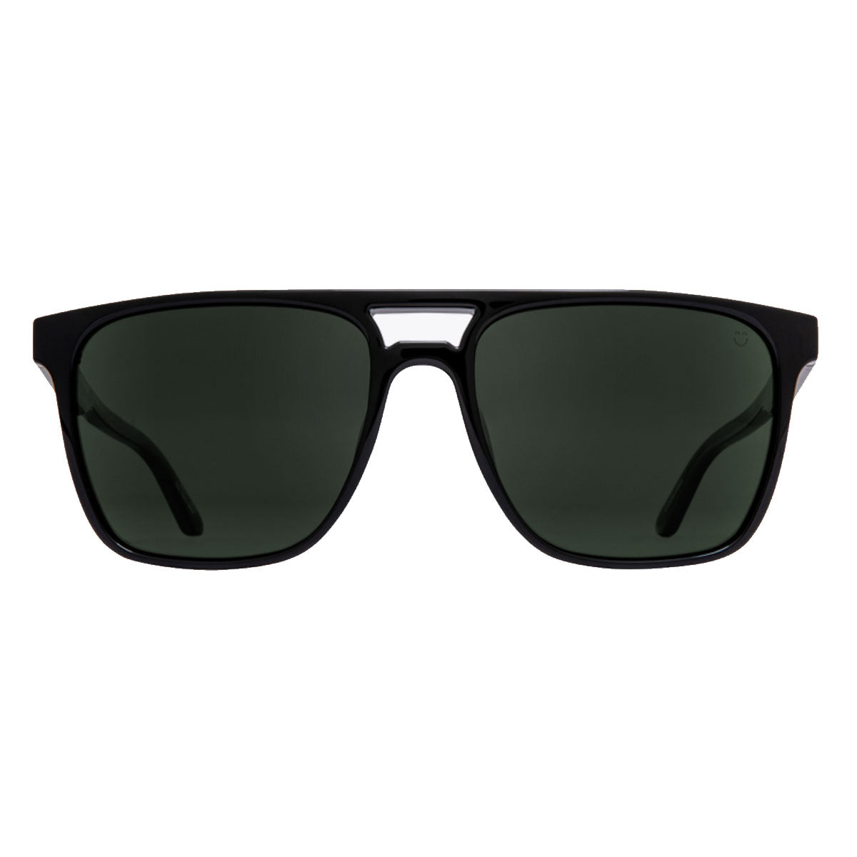 The Spy Czar sunglasses by Spy feature a black rectangular grilamid frame with a small cut-out above the nose bridge, dark Happy Gray Green lenses offering UV protection, and gently curved arms. Shown against a white background.