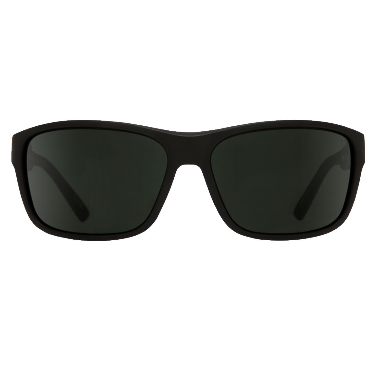 The Spy Arcylon - Matte Black/Happy Gray Green Polar sunglasses feature a black rectangular frame with dark lenses for 100% UV protection, shown facing forward against a white background.