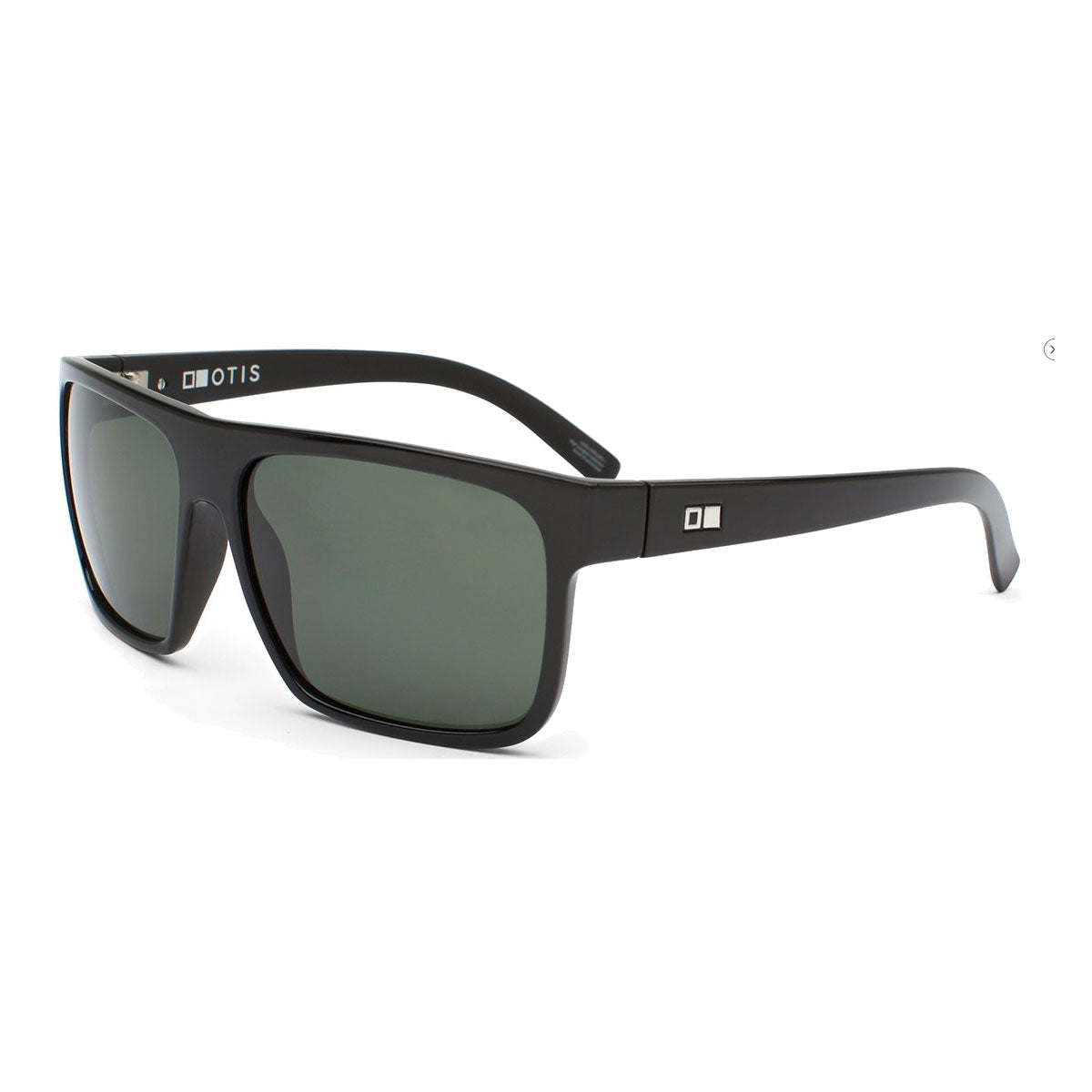 Otis After Dark - Matte Black/Grey sunglasses feature a rectangular shape, dark mineral glass lenses with UVA/UVB protection, a small square silver logo on the arms, and the OTIS brand name in white on the left arm.