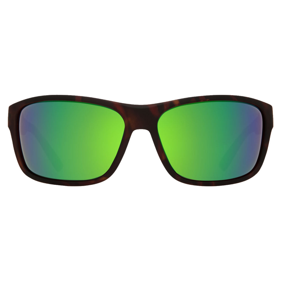A pair of Spy Arcylon sunglasses in Soft Matte Dark Tort with Happy Bronze/Green mirrored lenses offers 100% UV protection, shown from the front against a plain white background.