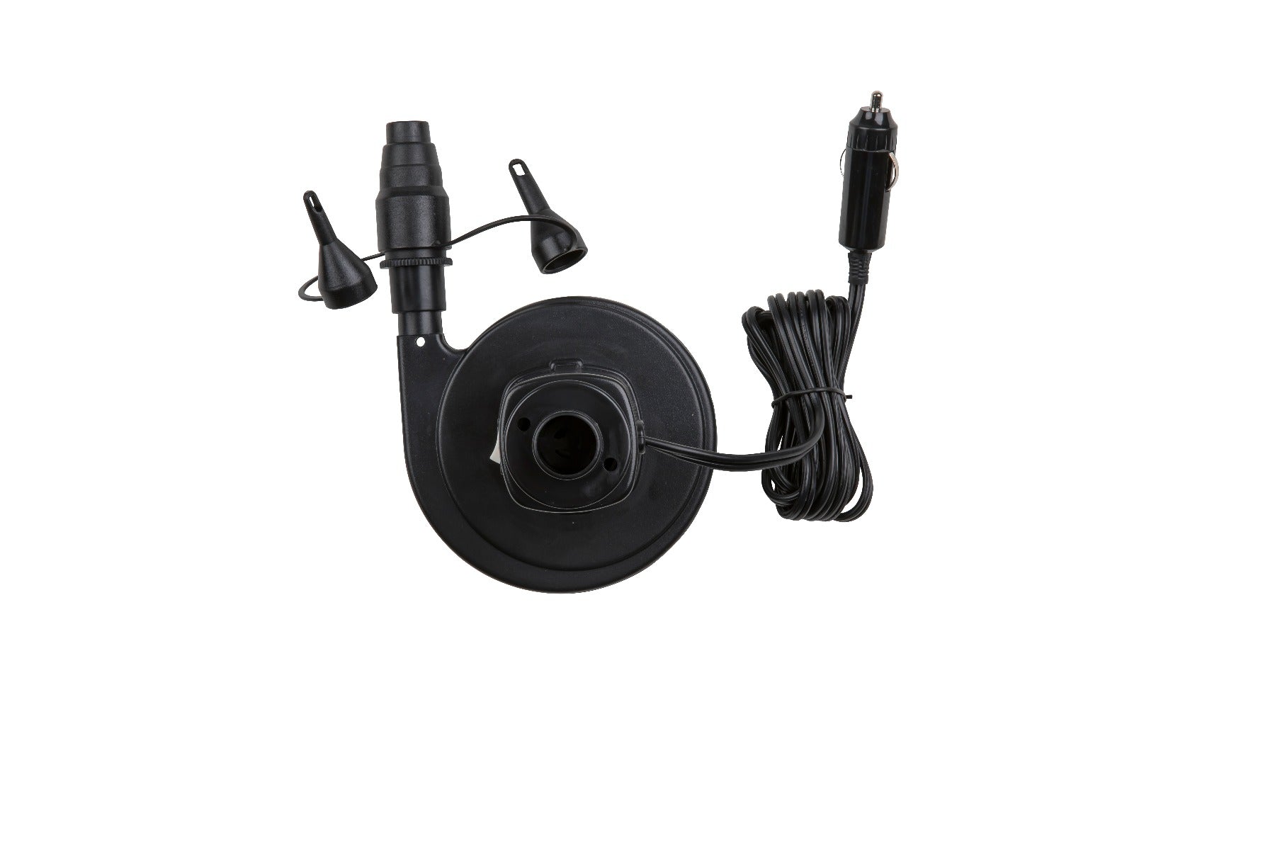 A black Radar car charger with a cord attached to it, offering 12V power and interchangeable adapters.