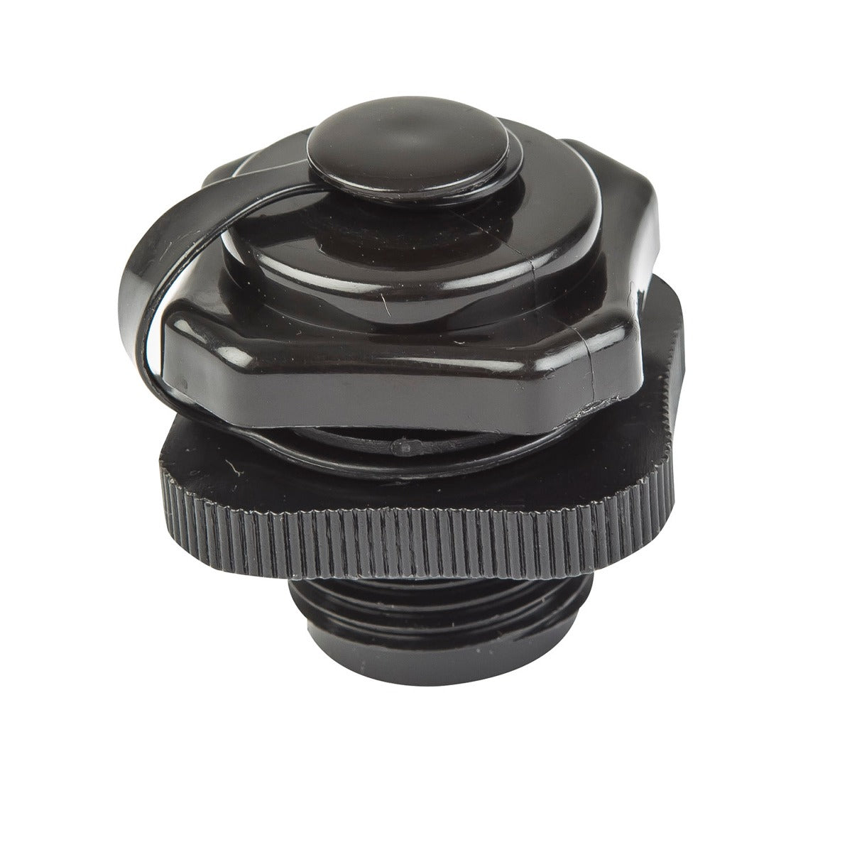 A Radar black plastic knob on a white background.