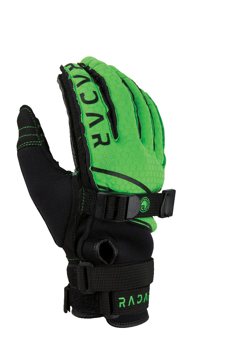 The Radar 2019 Ergo-K Glove in green features black padding, SuperFabric palm, adjustable straps, a textured surface, and displays the RADAR logo—shown against a white background.