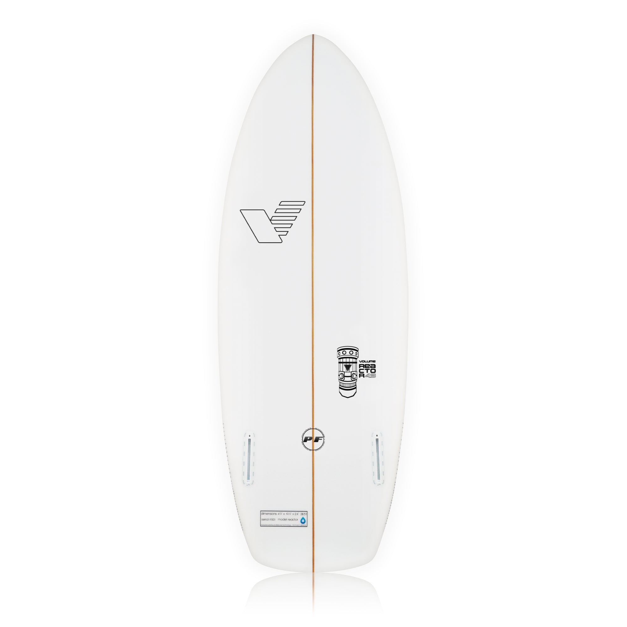 The Volume 2020 Reactor Wakesurf by Volume is a white 4'9" board with a rounded nose, pointed tail, black logos and text, a thin beige center line, and two fin slots near the tail.