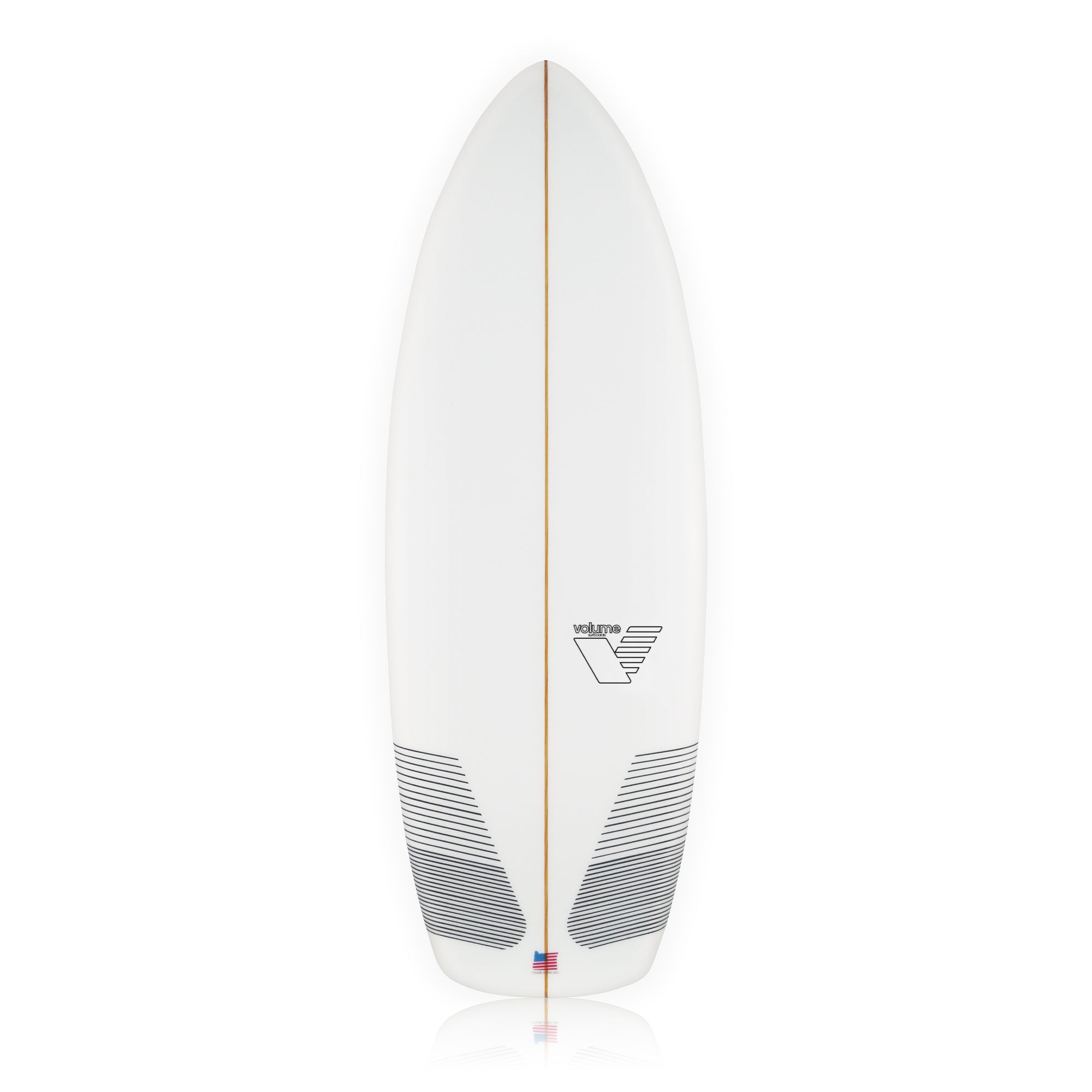 The Volume 2020 Reactor Wakesurf by Volume is a white, 4'9" board with a pointed nose and rounded tail. It features thin black lines and a geometric Volume logo up top, plus striped black designs along the bottom edges. White background.