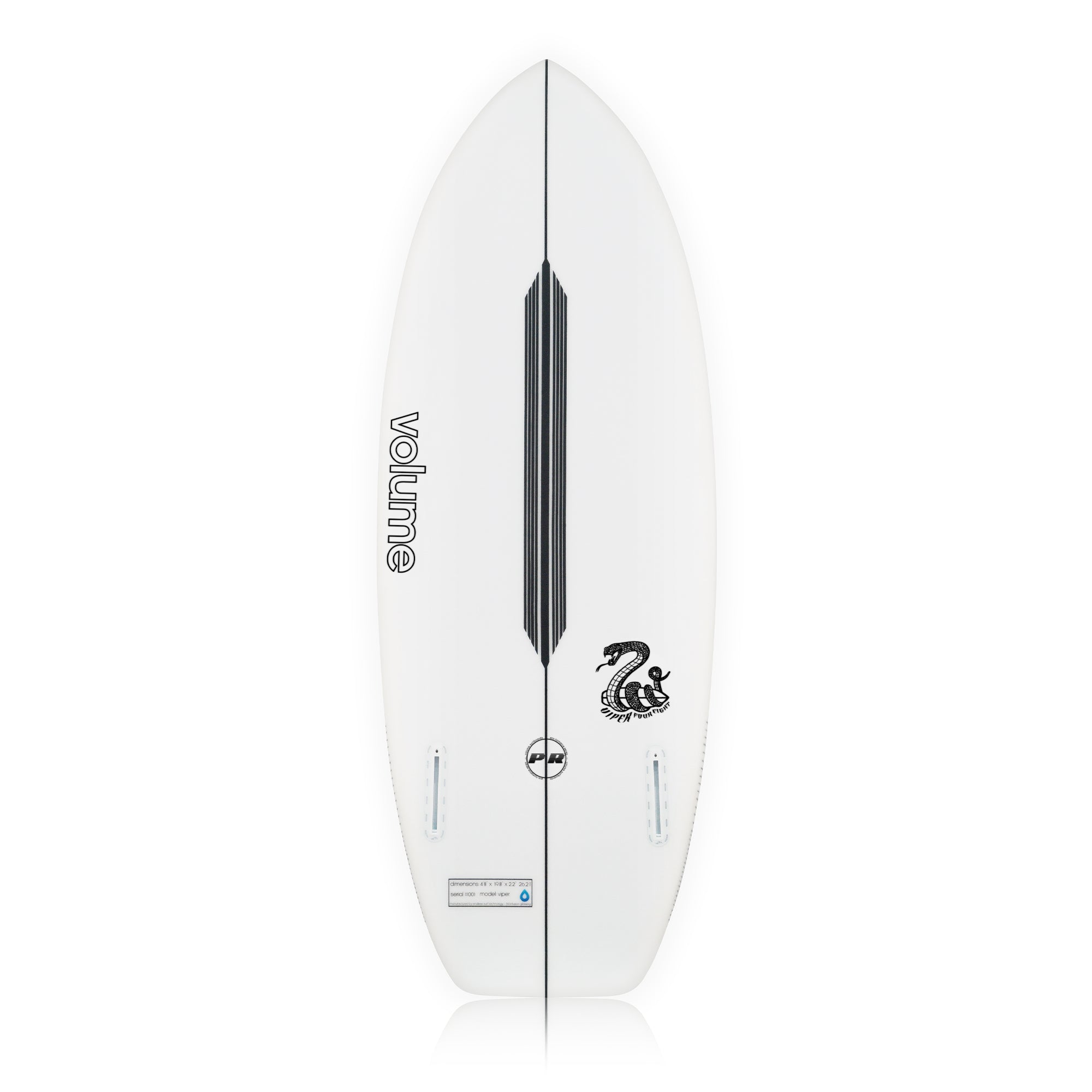 A white Volume 2020 Viper (EBT) Wakesurf Board by Volume, 4'9", features a black vertical stripe, "volume" branding, a snake graphic, two fin slots underneath, and delivers performance fitness with its rounded nose and wide body.