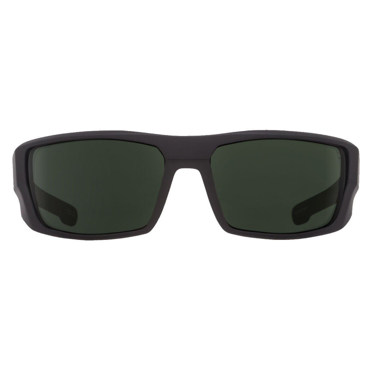 The Spy Dirk sunglasses by Spy feature a soft matte black rectangular frame and HD Plus gray green polarized lenses with 100% UV protection, shown from the front on a white background.