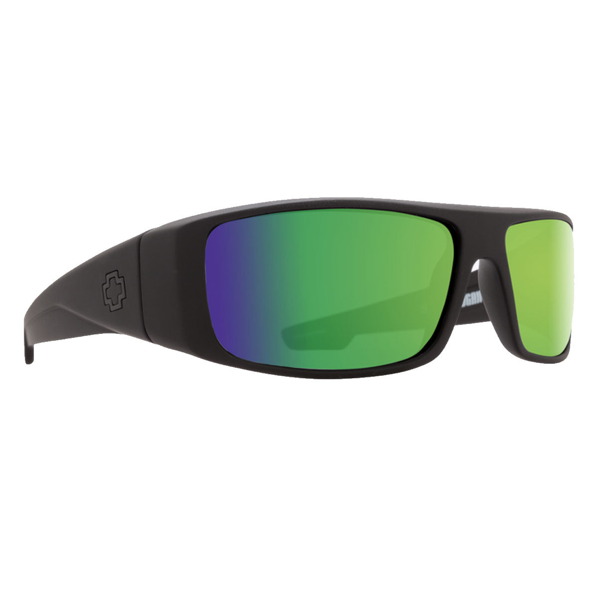 The Spy Logan sunglasses in matte black feature HD Plus bronze polarized lenses with a green spectra mirror for enhanced clarity.