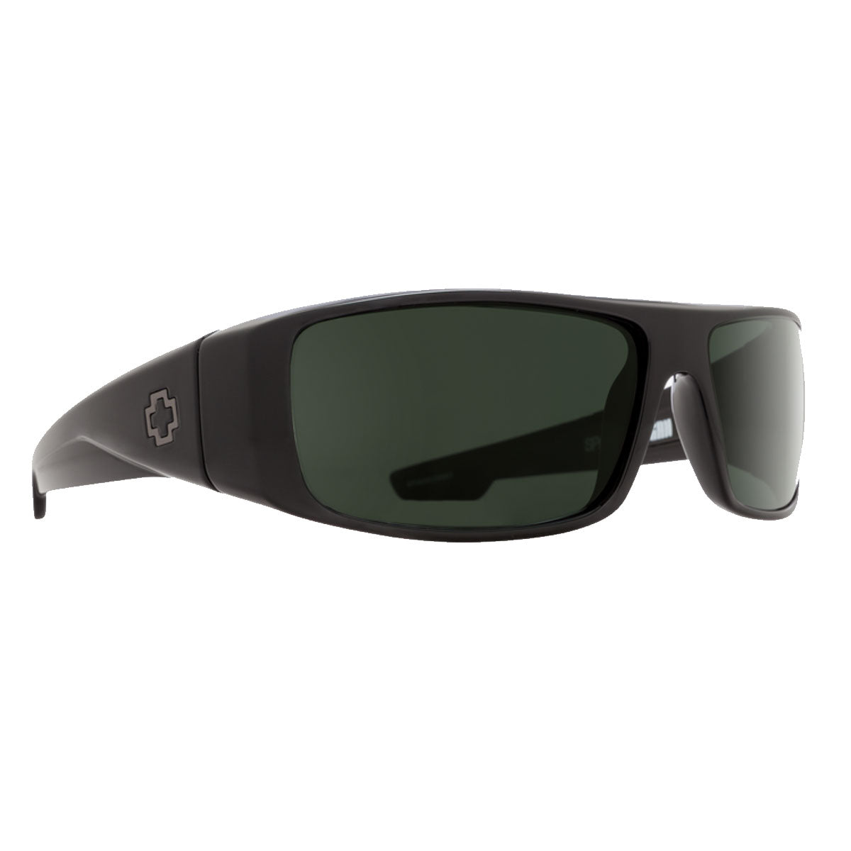 The Spy Logan sunglasses feature a black wraparound frame, Happy Gray Green Polar rectangular lenses, wide arms with a small cross logo, and offer 100% UV protection.