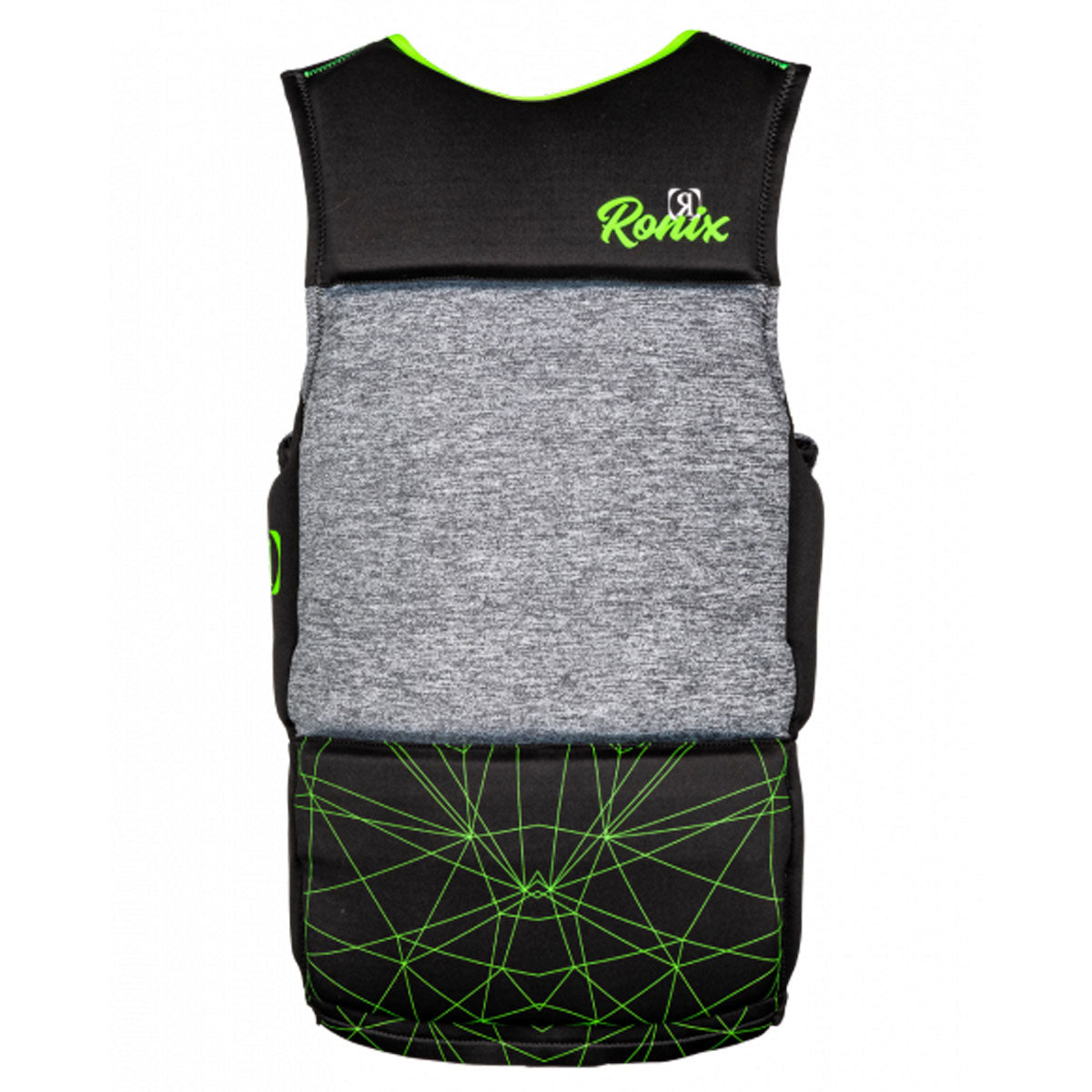 A black and green Ronix Driver's Ed Capella 3.0 Teen CGA vest with the word relix on it.