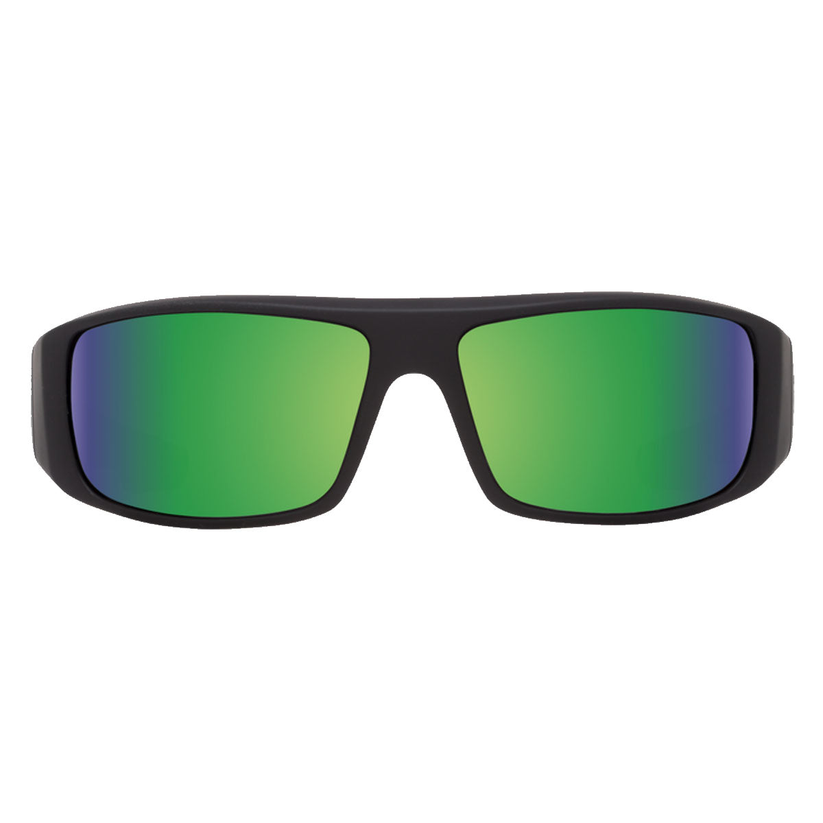 The Spy Logan sunglasses by Spy feature large, rectangular matte black frames and HD Plus bronze polar lenses with a green spectra mirror finish, offering 100% UV protection, shown from the front on a white background.