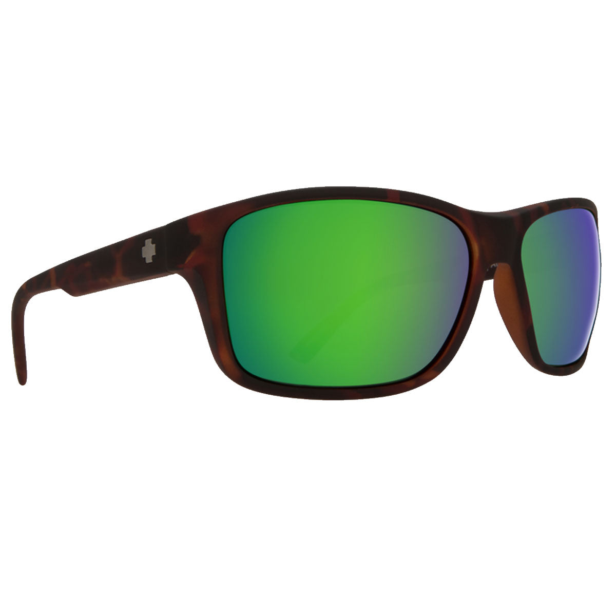 Spy Arcylon sunglasses in soft matte dark tortoise feature large mirrored Happy Bronze Green lenses with 100% UV protection and a small white cross logo on the left temple, shown against a white background.