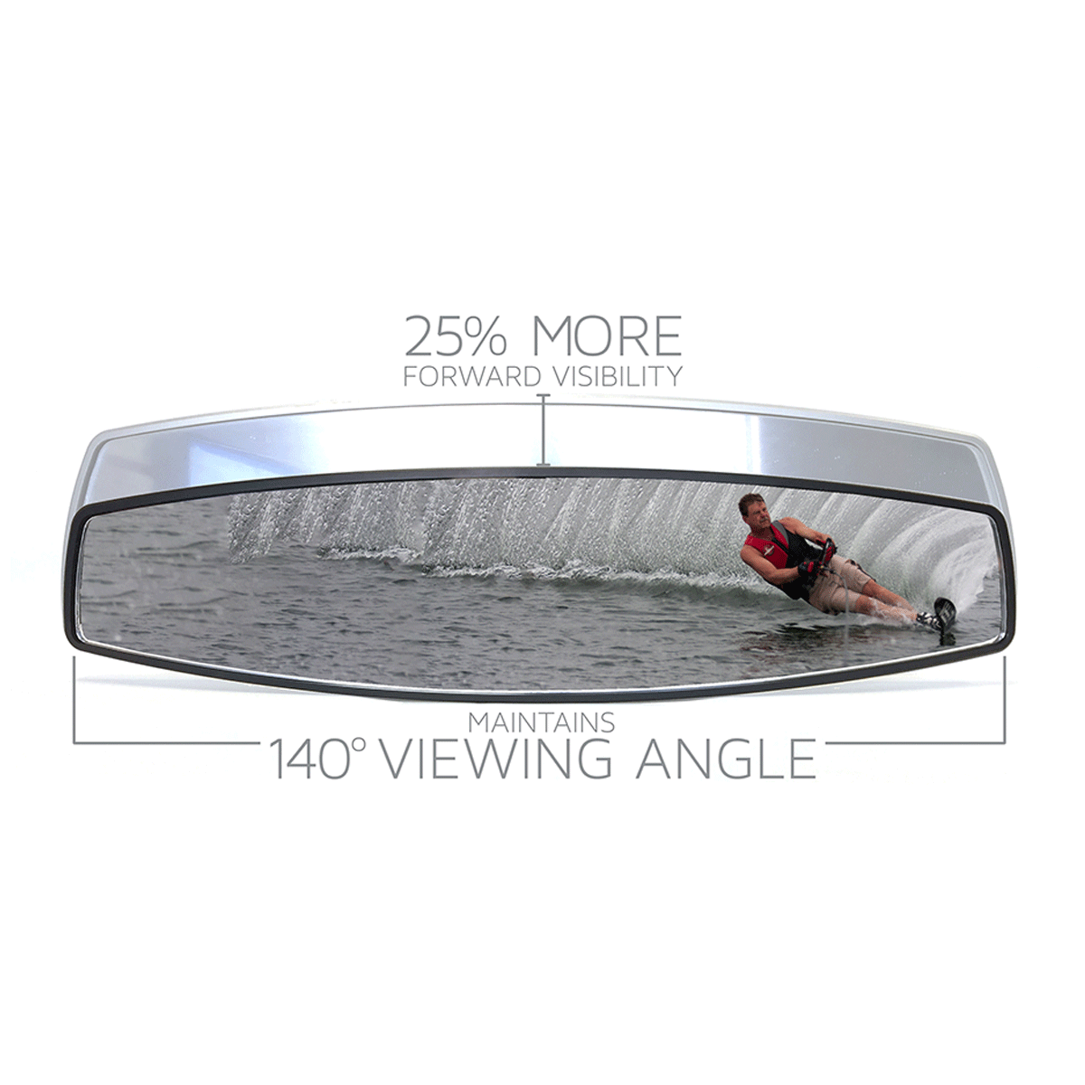 A man on a wakeboard is captured in action, reflected vividly in the PTM Edge VX-140 Blade Mirror with its sleek billet aluminum mount.