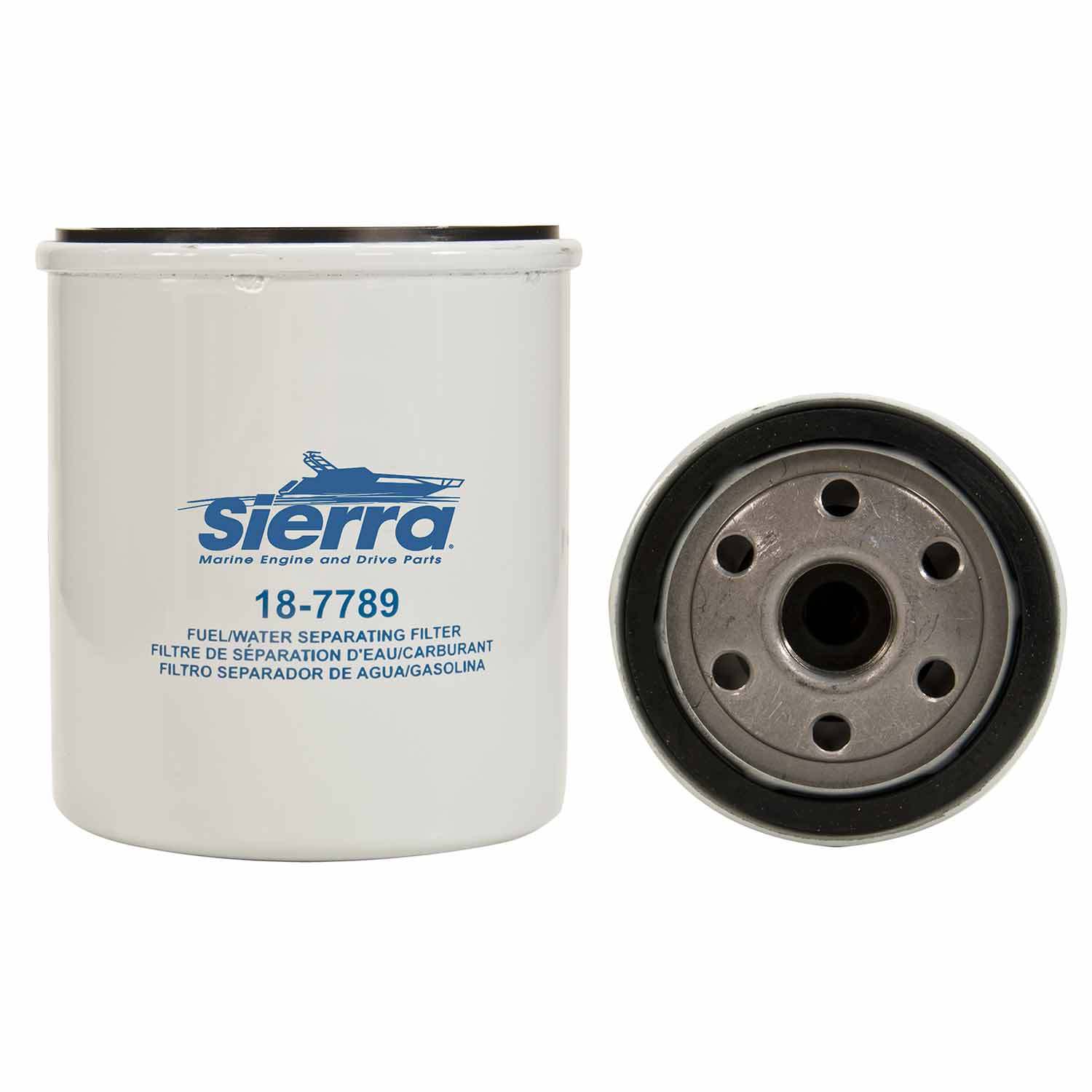 Two views of the Sierra Fuel Filter (18-7789): one side shows the blue Sierra logo and text, the other reveals the metal threaded base with holes. This filter ensures efficient 21-micron fuel/water separation.