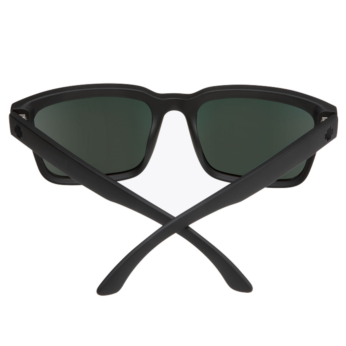 The Spy Helm 2 sunglasses by Spy are shown from the rear, featuring a matte black frame with crossed arms and classic curves. Fitted with Happy Grey Green lenses and Red Spectra, they offer reliable UV protection against a plain white background.