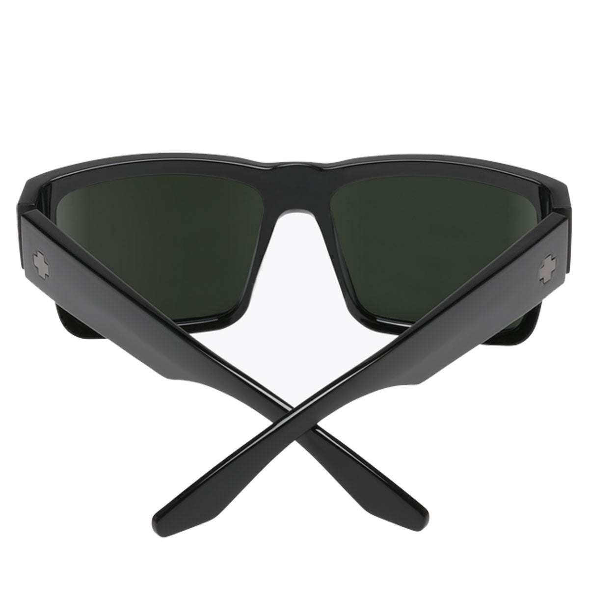 The Spy Cyrus - Black / Happy Grey Green sunglasses feature dark polarized lenses and thick crossed arms, each displaying a small white cross logo by the hinge, as seen from the back.