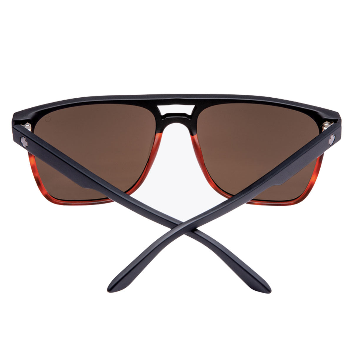 The Spy Czar sunglasses feature a black/torte fade frame with happy bronze polarized lenses and a black spectra mirror. Shown from the back with crossed temples, these large-frame shades offer 100% UV protection and bold style accents.