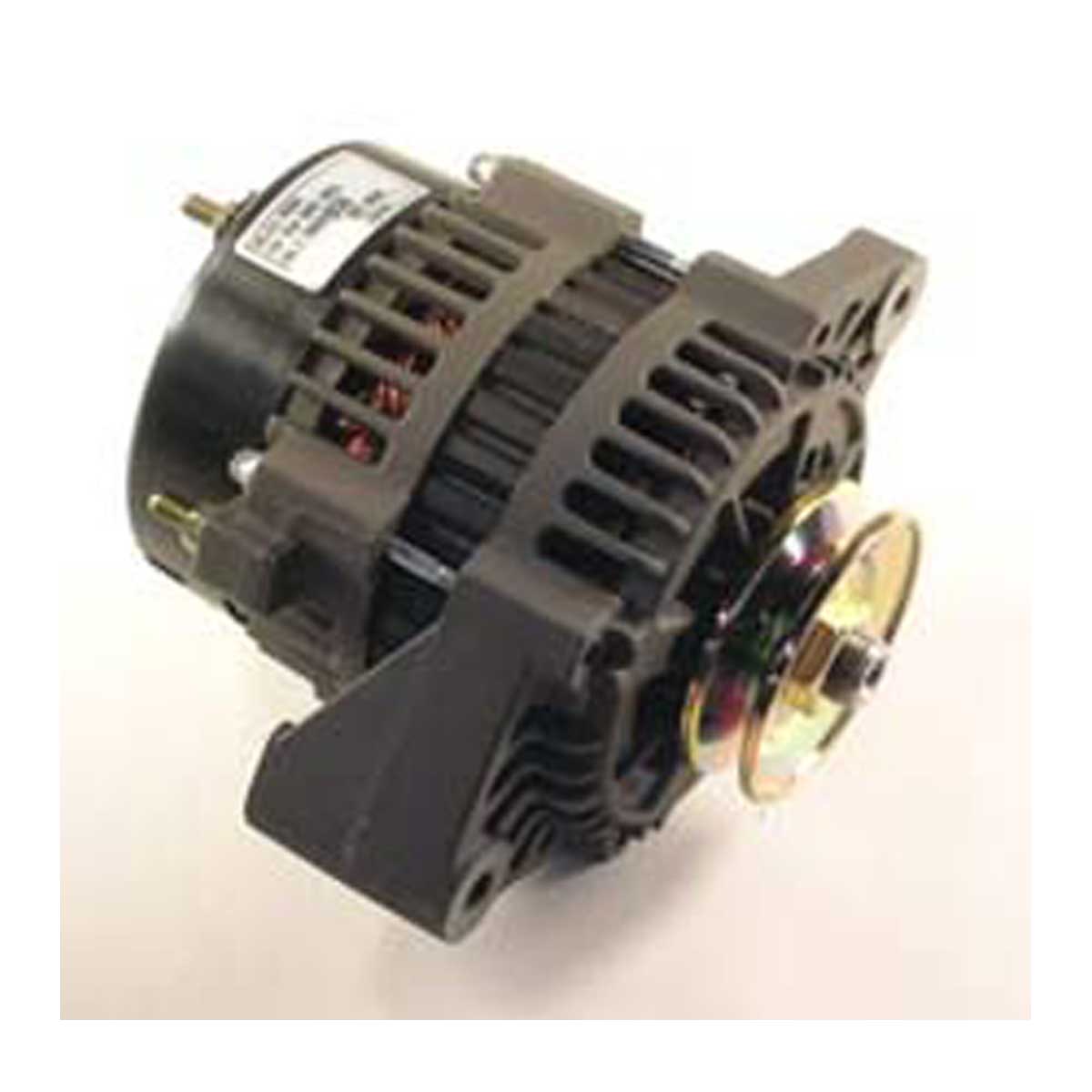 The Indmar Alternator 70 Amp - 575010 features a black casing, cooling vents, and a metal pulley wheel, and is shown against a plain white background.