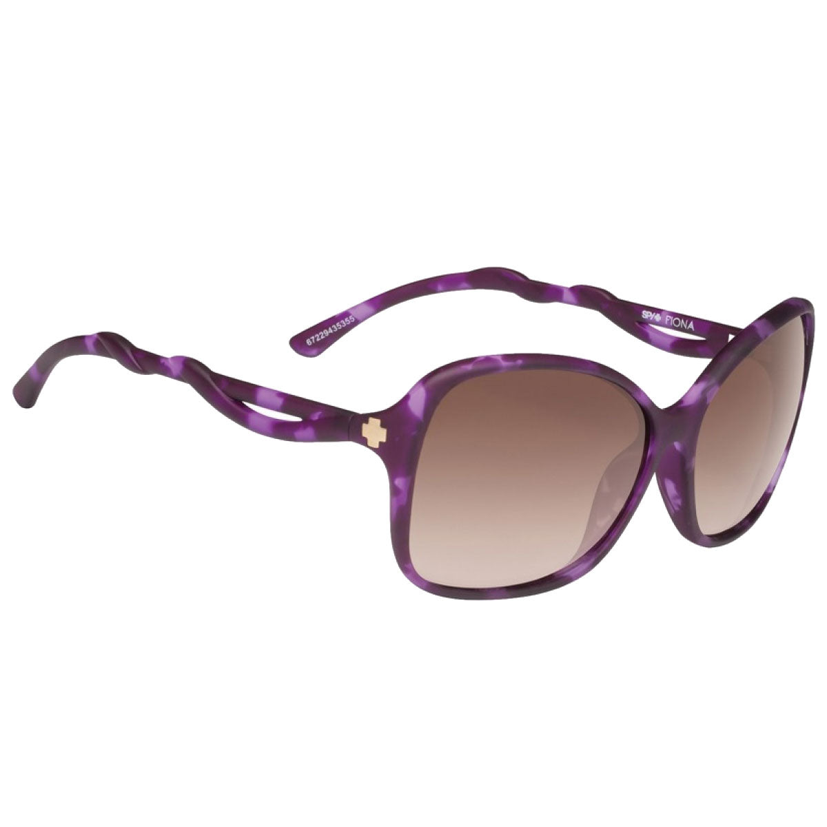The Spy Fiona sunglasses in Happy Bronze Fade / Purple Tort feature large rounded polycarbonate ARC lenses, wavy arms, and a small cross logo near the temples for stylish UV protection.