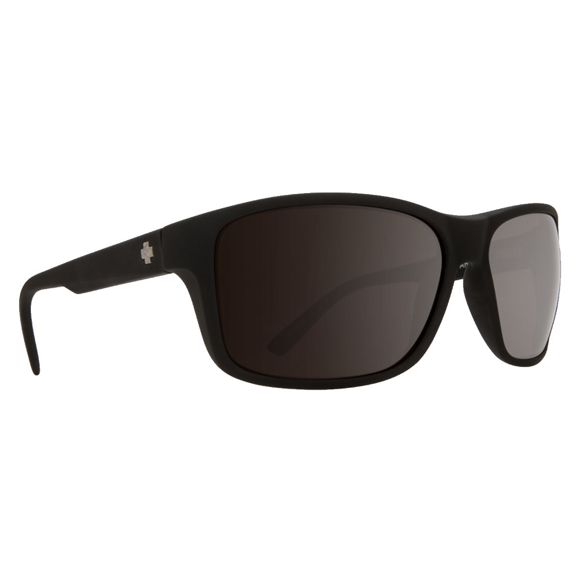 Spy Arcylon sunglasses in Soft Matte Black with Happy Bronze lenses, featuring a small silver cross logo on the arm and UV protection, are displayed against a white background.