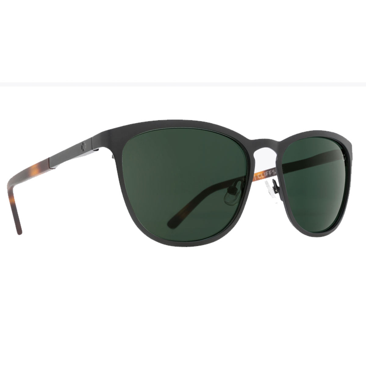 The Spy Cliffside sunglasses feature a matte black frame with thin arms, honey tortoise tips, and Happy Gray Green lenses.