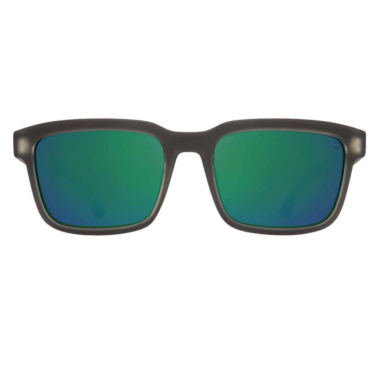 The Spy Helm 2 Matte Black Ice sunglasses by Spy feature a rectangular, lightweight design with emerald green reflective lenses and UV protection, shown against a white background.