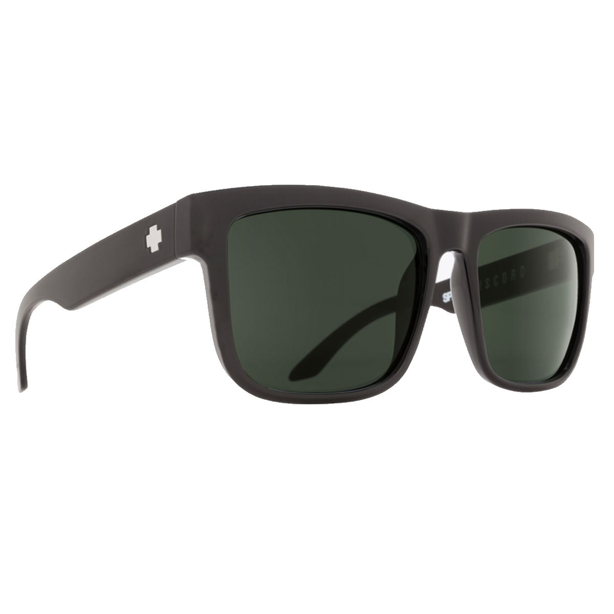 Spy Discord sunglasses in matte black with HD Plus Gray Green lenses and 100% UV protection, featuring a white cross logo on the temple and thick arms, styled against a white background.