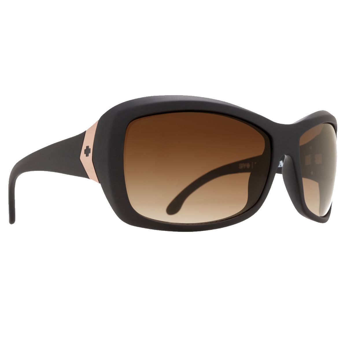 Spy Farrah - Femme Fatale / HD Plus Bronze Fade by Spy are black wraparound sunglasses with HD Plus bronze fade lenses, 100% UV protection, and a small metallic cross accent near the hinges.