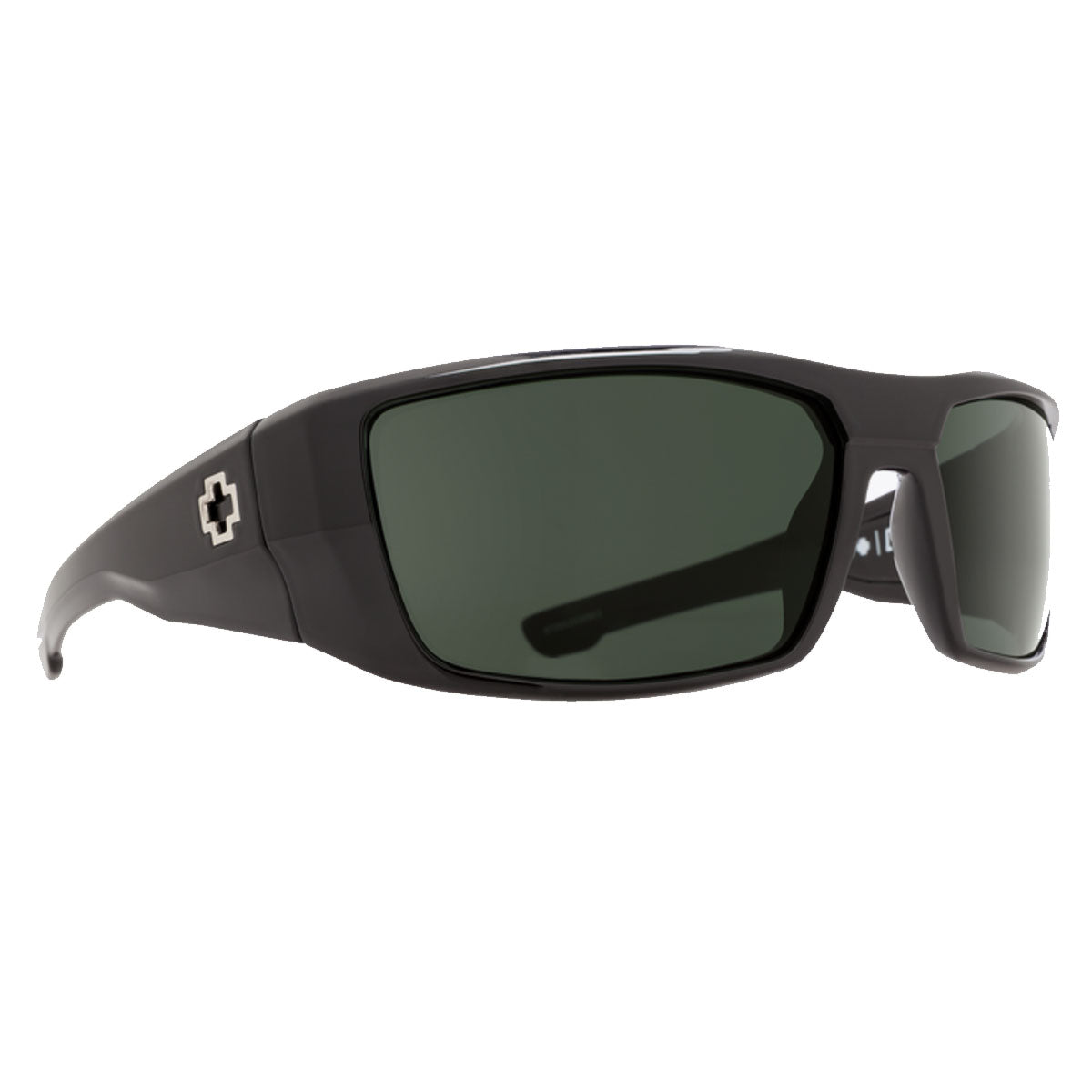 Spy Dirk sunglasses in soft matte black feature wraparound frames, HD Plus gray green polarized lenses, 100% UV protection, and a silver cross logo on the temples.