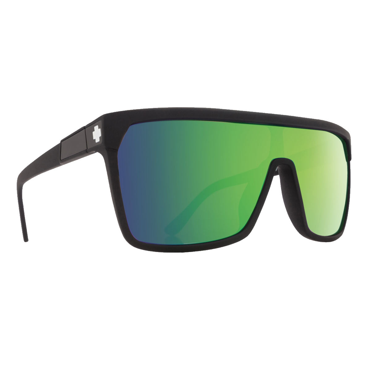 The Spy Flynn sunglasses feature a matte black Grilamid frame, large HD Plus bronze lenses with green Spectra mirror, and a white cross logo on the temple. Enjoy modern style and reliable UV protection for all your outdoor activities.
