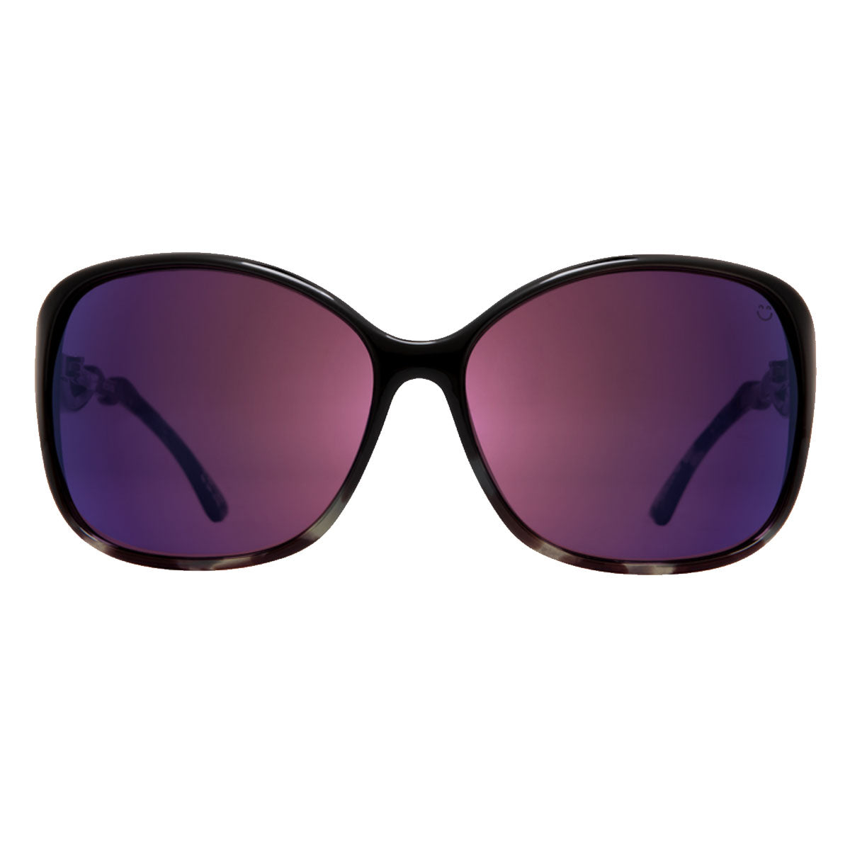 Front view of Spy Fiona sunglasses by Spy in Black Smoke Tort with Happy Rose/Midnight Spectra lenses, featuring 100% UV protection, displayed on a white background.