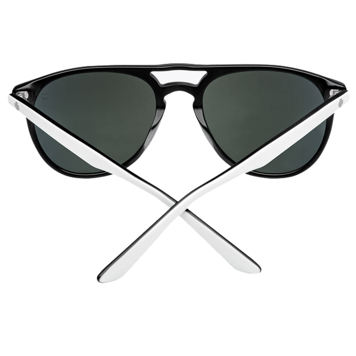 The Spy Syndicate sunglasses by Spy are shown from the back, featuring a matte white and black acetate frame, round dark Happy Grey Green lenses, and crossed white arms in an X shape for stylish UV protection.