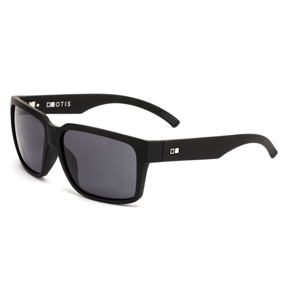Otis the Double - Matte Black/Grey Polar sunglasses by Otis feature black rectangular frames, dark Mineral Glass lenses, OTIS branding with a square logo on the left arm, modern design, and 100% UVA/UVB protection.