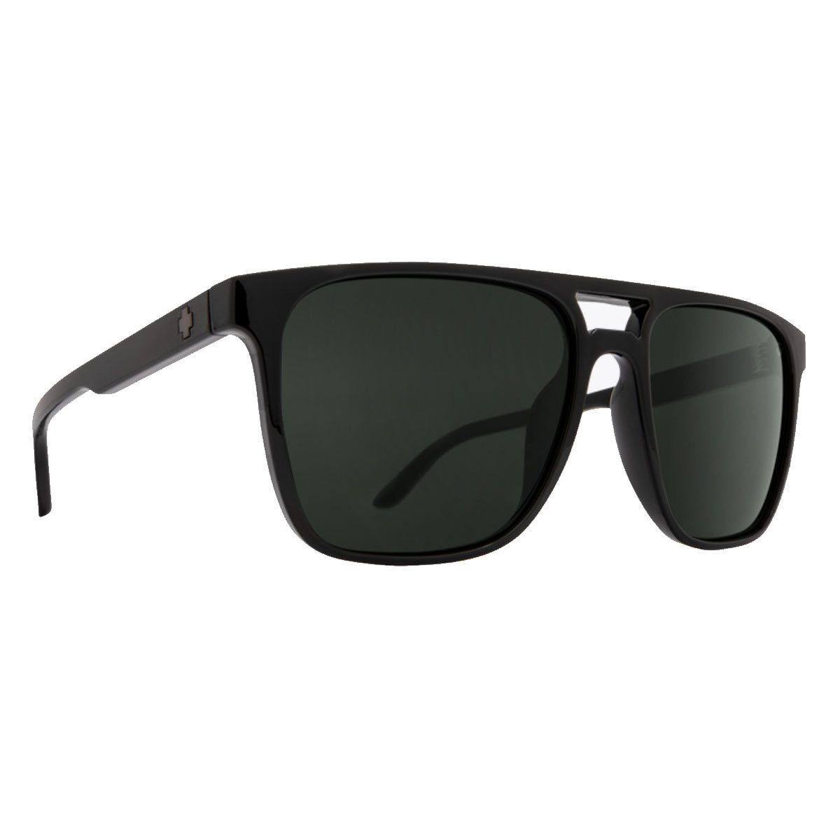 The Spy Czar sunglasses by Spy feature a black rectangular frame made from durable grilamid, Happy Gray Green lenses for UV protection, a small metallic temple emblem, and a subtle bridge cutout for a modern look.