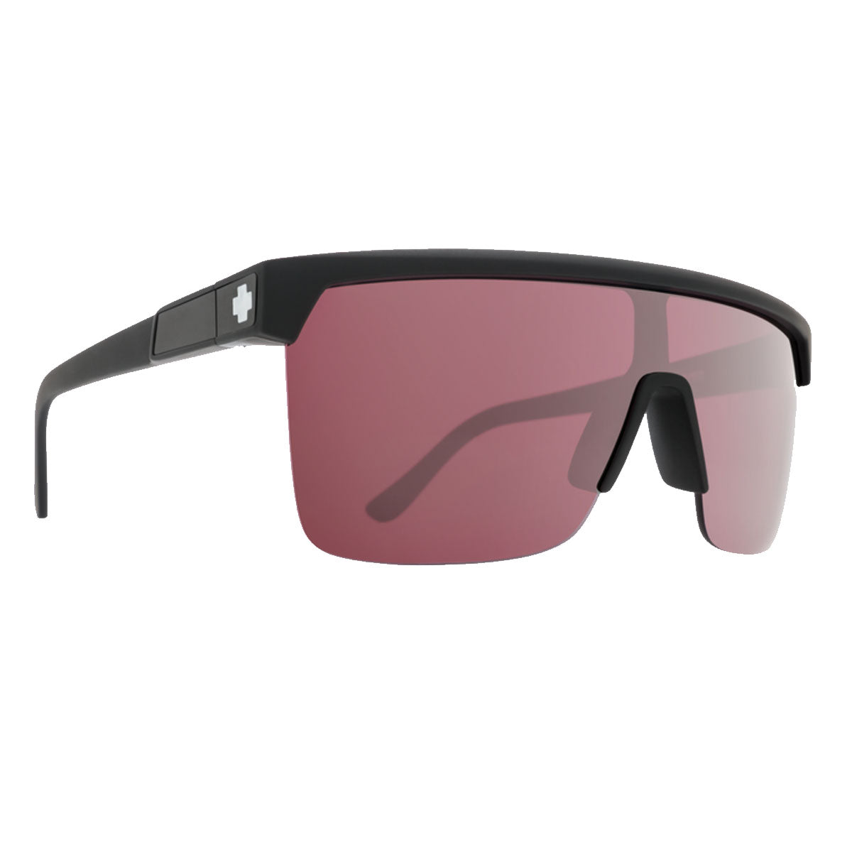 The Spy Flynn 5050 sunglasses by Spy feature a matte black semi-rimless frame with large, rectangular HD Plus rose lenses and a silver Spectra mirror finish, offering 100% UV protection and a white cross logo on the side.